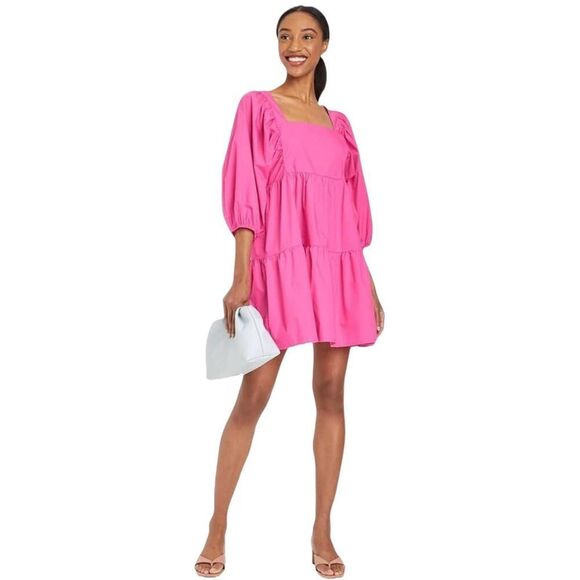 A New Day Women's Hot Pink Cotton Puff Sleeves Baby Doll Tiered Dress w Pockets - Picture 1 of 16
